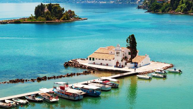 The Vlacherna Monastery and Mouse island (Pontikonisi) Corfu, Greece.