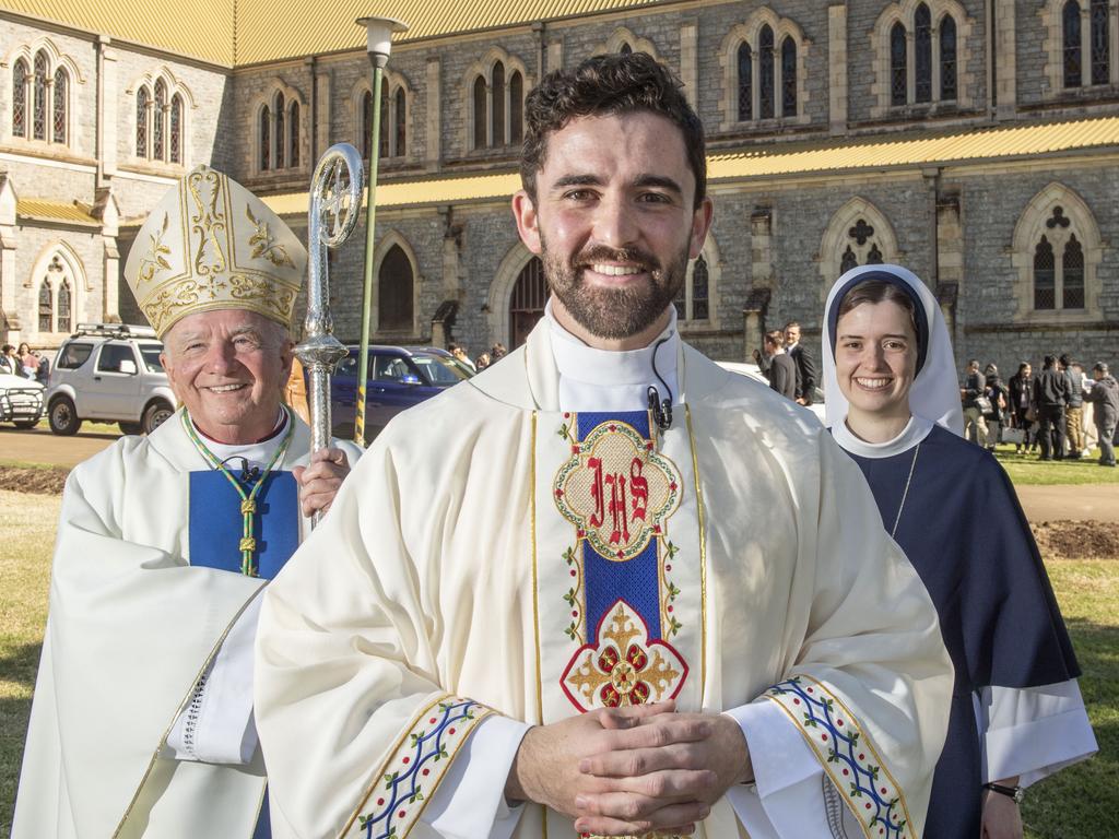 Bishop Robert McGuckin, Father Nathan Webb and Sister Rose Patrick OConnor (his sister Nancy Webb). Ordination of Nathan Webb at St Pat's Cathedral. Saturday, June 25, 2022. Picture: Nev Madsen.