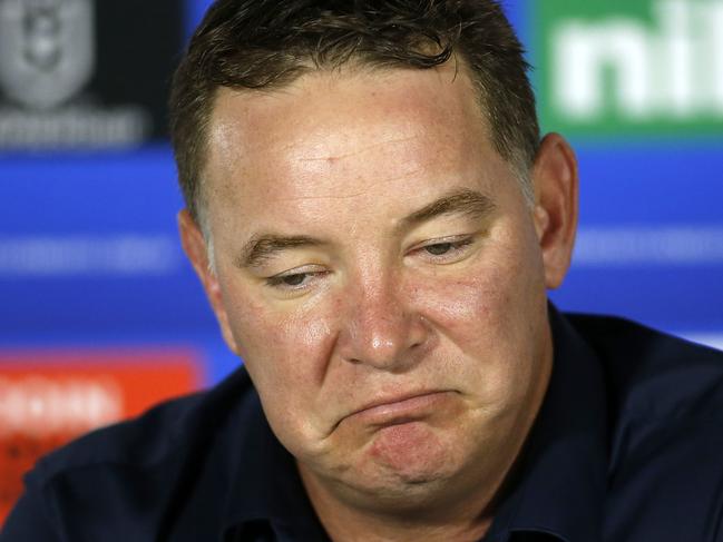 Knights coach Adam O'Brien at the post match press conference after the Round 5 NRL match between the Newcastle Knight and the Melbourne Storm at Central Coast Stadium in Gosford, Saturday, June 13, 2020. (AAP Image/Darren Pateman) NO ARCHIVING, EDITORIAL USE ONLY