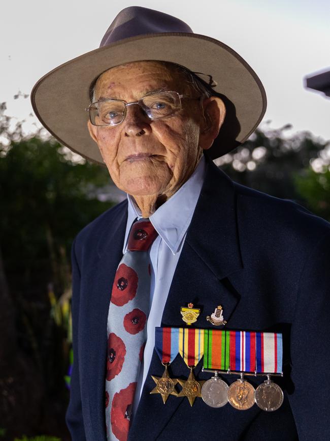 World War II veteran, and one of the last living 'Rats of Tobruk', Sydney Kinsman, 98, outside is Alice Springs home on Anzac Day. Photo: EMMA MURRAY