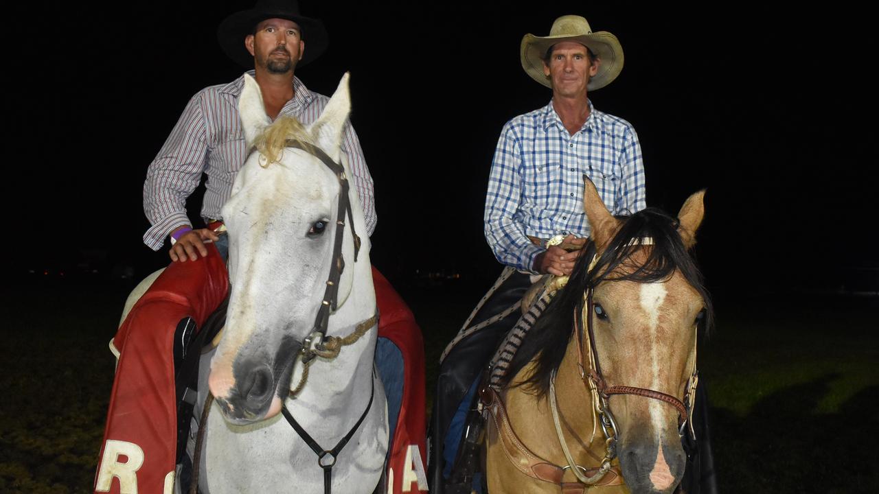 Rob Acton from Ruby Run at Moranbah and Richard Alexander from Walthum at Clermont. Rob is on KP and Richard is on Nitro. The pair act as protection for the bronc and bareback riders, at the Sarina CRCA Rodeo. Photo: Janessa Ekert