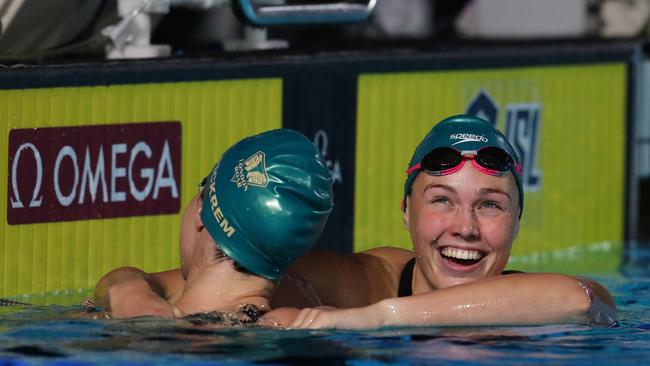 Minna Atherton after a win during the International Swimming League. (Photo by Catherine Ivill/Getty Images)