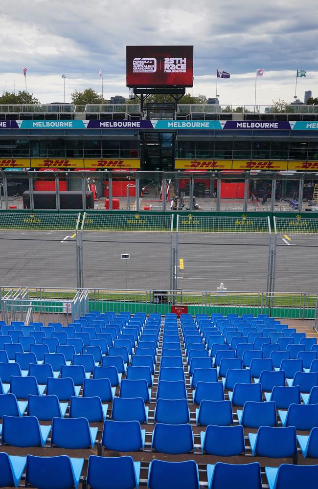 Empty stands at the Formula 1 Australian Grand Prix, which was cancelled in the wake of coronavirus. The government has been advised to ban mass gatherings over 500 people. Picture: AAP