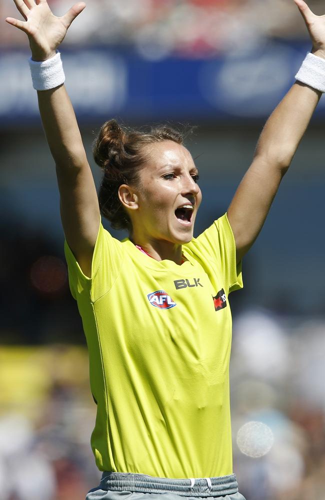 Glouftsis officiates her first AFL game. Picture: Michael Klein.