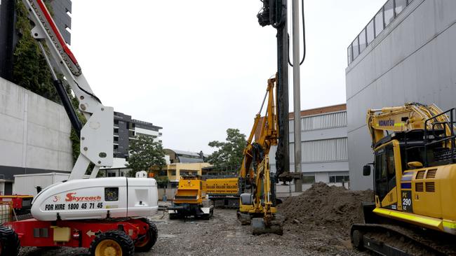 The Wyandra St, Newstead, construction site where two workers were injured on Tuesday. Picture: Steve Pohlner