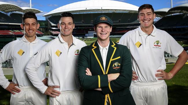 Steve Smith with debutants Nic Maddinson, Peter Handscombe and Matt Renshaw. Picture: Sarah Reed.