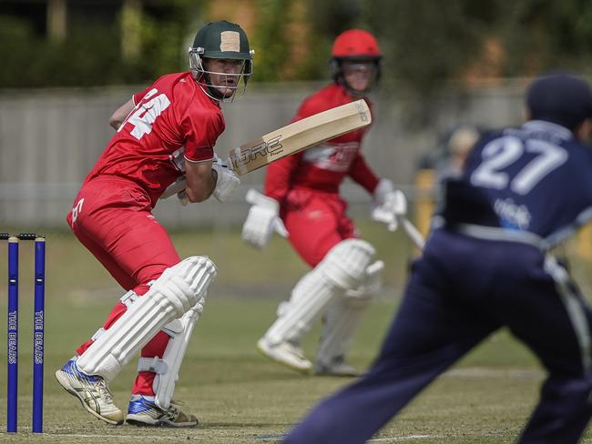 Springvale South’s Clint Tomlinson eases a ball to gully.