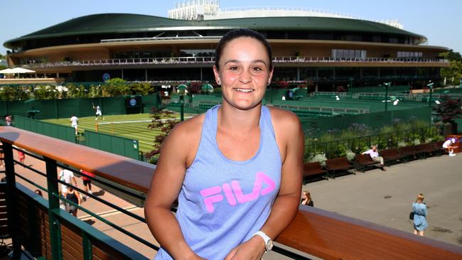 Ash Barty at Wimbledon yesterday as she prepares in her typically relaxed way for her first match as the world No 1. Picture: Getty Images