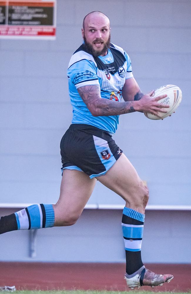 Clint Chettle with ball in hand for Northern Sharks in Round 9 of the 2023 NRL NT season. Picture: Patch Clapp / NRL NT