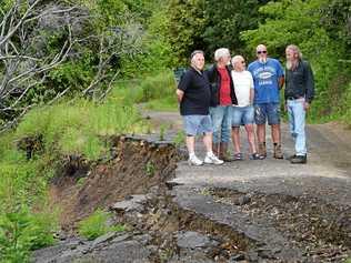 FIX OUR ROADS: Residents Murray Ings, John Sheldon, Ian Hooper, Gary Ryab and Michael Langham are calling on Lismore City Council to repair unsafe roads in the Jiggi-Georgica area, including landslide-ravaged Oakey Creek Rd. Picture: Marc Stapelberg