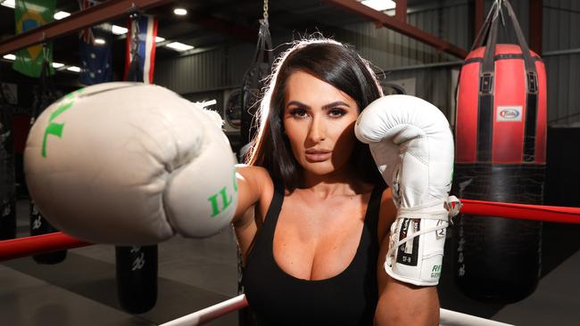 Arabella Del Busso poses for photos at her boxing gym after she won her first celebrity boxing fight last week. Picture: Brendan Beckett