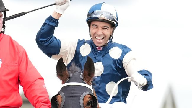 Buckaroo (GB) ridden by Joao Moreira (BRZ) returns to the mounting yard after winning the Henley Homes Underwood Stakes at Caulfield Racecourse on September 21, 2024 in Caulfield, Australia. (Photo by Scott Barbour/Racing Photos via Getty Images)