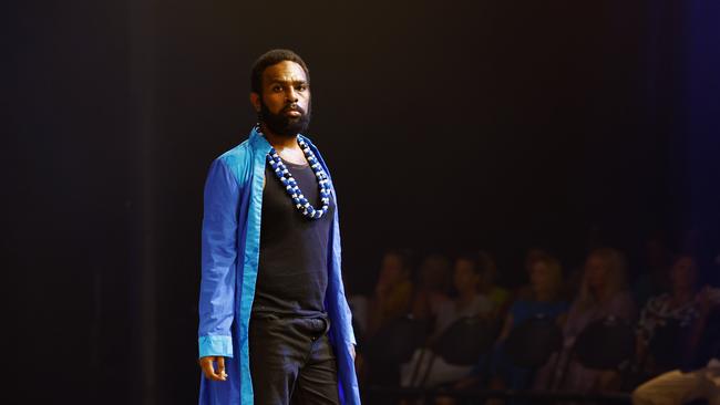 Charlie Maawi models the Wali Kara collection by designer Emily Beckley at the Cairns Indigenous Art Fair fashion performance, Woven, held at the Tanks Arts Centre, Edge Hill. Picture: Brendan Radke