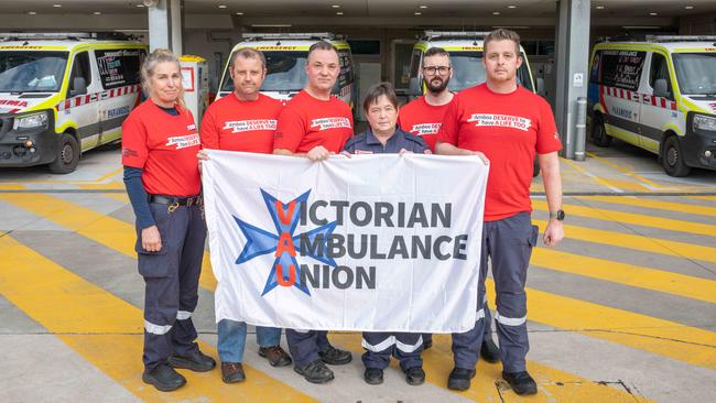 Ambulance Union delegates at the emergency bay at Geelong Hospital. Paramedics Debra Baumgartner, Troy Human, Scot Kerr, Sue Gorham, Sam Williams and Ben David. Picture: Brad Fleet