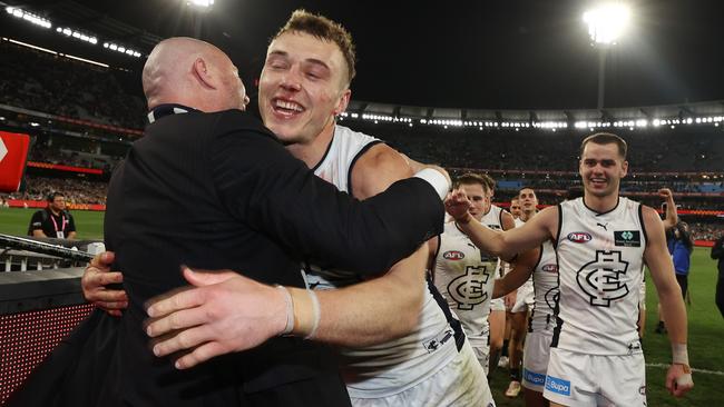 Sayers embraces skipper Patrick Cripps after Carlton’s win over Melbourne. Picture: Michael Klein