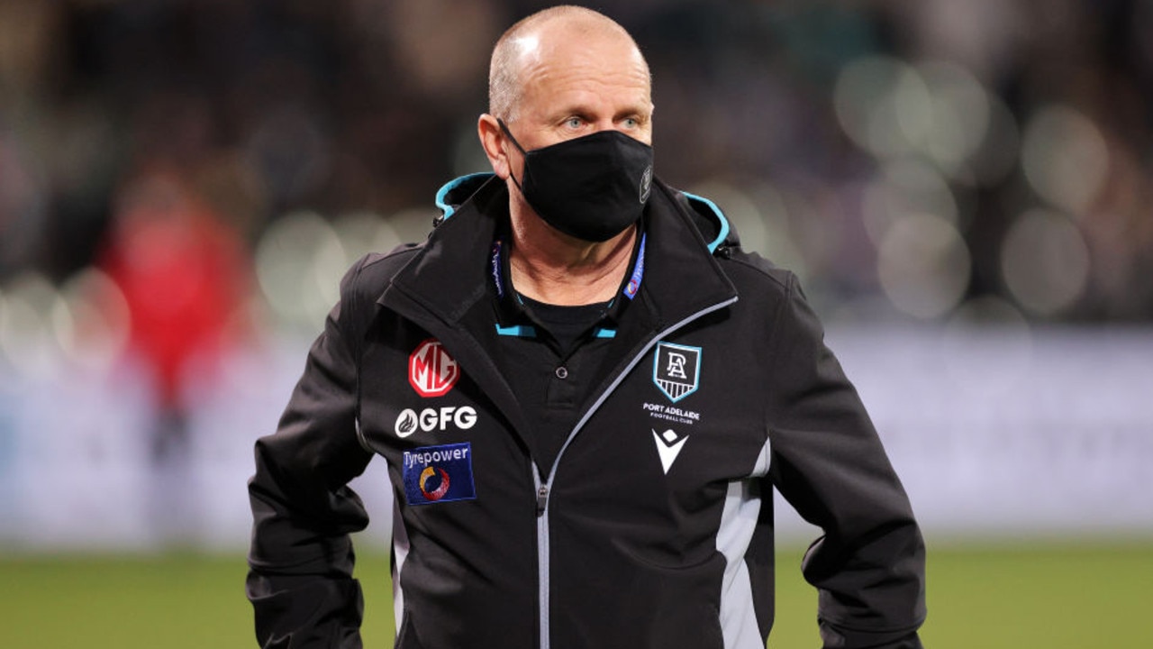 ADELAIDE, AUSTRALIA - JUNE 10: Ken Hinkley, Senior Coach of the Power walks from the ground during the round 13 AFL match between the Port Adelaide Power and the Geelong Cats at Adelaide Oval on June 10, 2021 in Adelaide, Australia. (Photo by Daniel Kalisz/Getty Images)