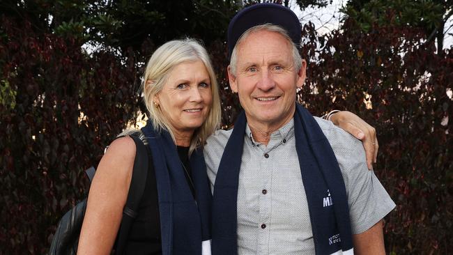 Patrick’s parents Janette and John Dangerfield after quarantining in Darwin prior to arriving in Queensland to watch the Cats. Picture: Michael Klein