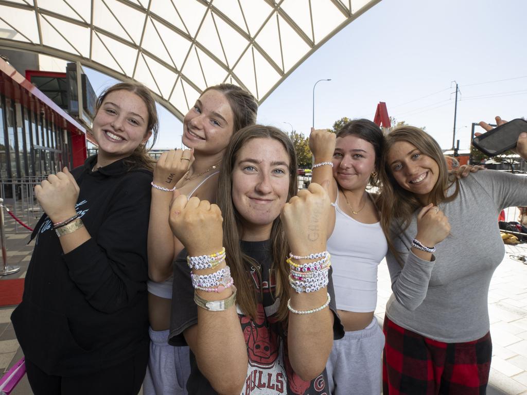 L-R Elise Piteo, Emma Green, Kaytie Formby, Chloe Peacock and Zoi Pelekoudas camped outside for Gracie Abrams’ Adelaide show. Picture: Brett Hartwig