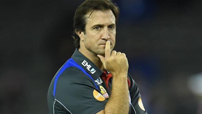 Luke Beveridge watches on during a Bulldogs game this year.