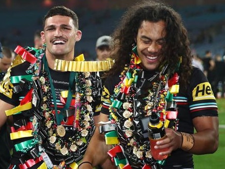 Nathan Cleary and Jarome Luai celebrate their 2023 grand final win. Credit: NRL Images.