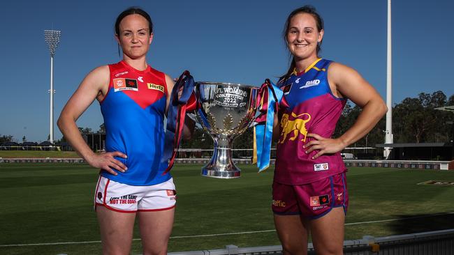 Captains Daisy Pearce and Breanna Koenen with the premiership cup. Picture: Zak Simmonds