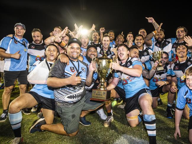 Northern Sharks celebrating their NRL NT A-grade premiership Picture: Patch Clapp