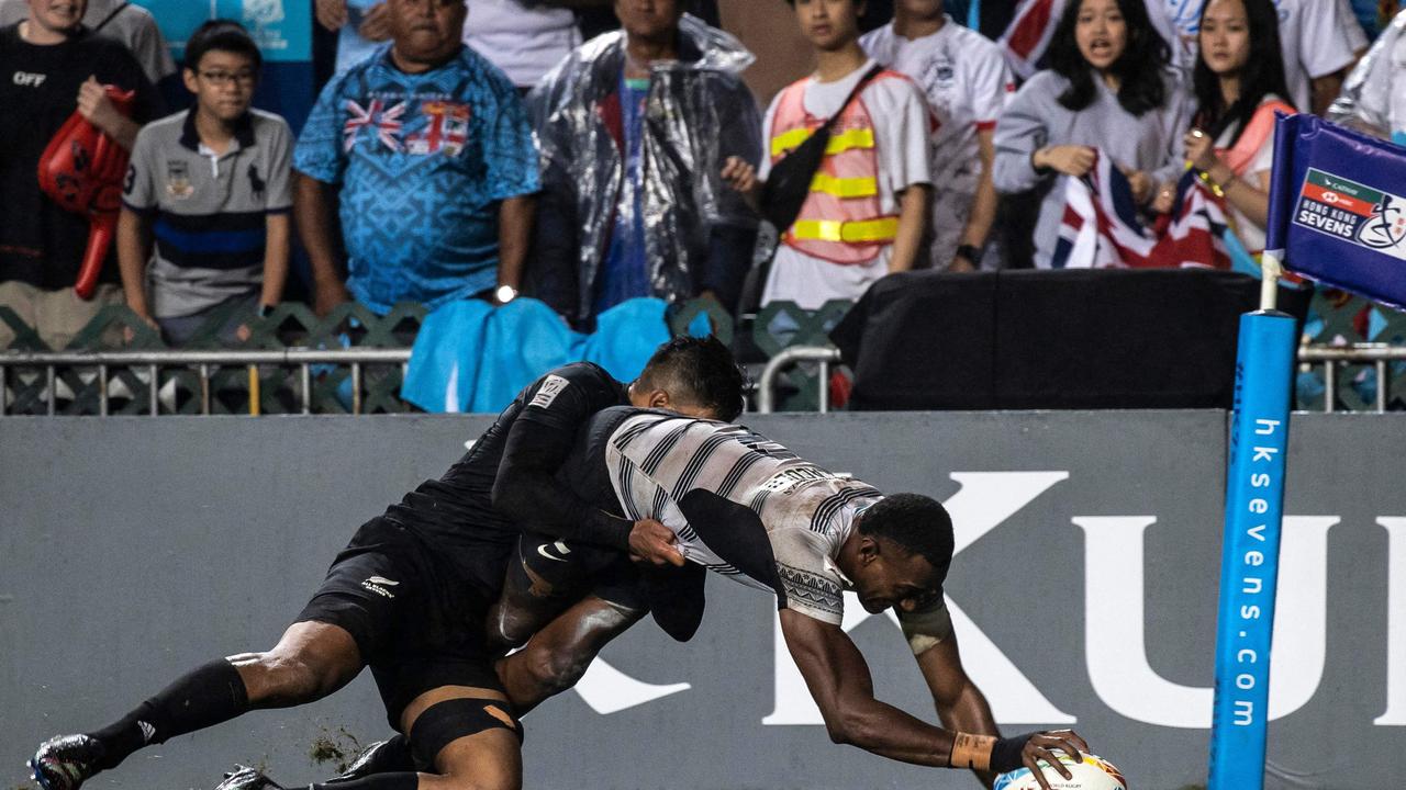 Joseva Talacolo scores a try for New Zealand. Picture: AFP