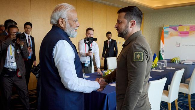 Ukraine's President Volodymyr Zelensky meets India's Prime Minister Narendra Modi in Hiroshima at the G7 Leaders’ Summit. Picture: Ukrainian Presidential Press Service / AFP