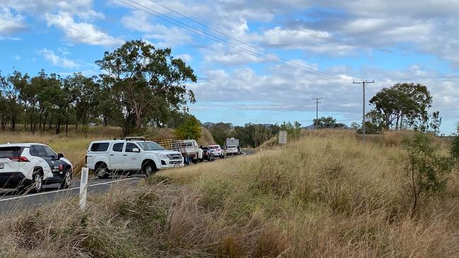 Traffic backed up on the Burnett Highway as emergency services tend to a car on fire between Bouldercombe and Mount Morgan.
