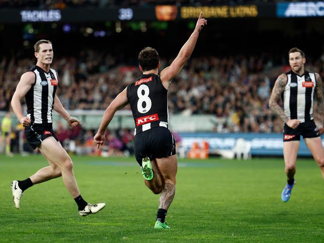 MELBOURNE, AUSTRALIA - AUGUST 17: Lachie Schultz of the Magpies celebrates a goal during the 2024 AFL Round 23 match between the Collingwood Magpies and the Brisbane Lions at The Melbourne Cricket Ground on August 17, 2024 in Melbourne, Australia. (Photo by Michael Willson/AFL Photos via Getty Images)