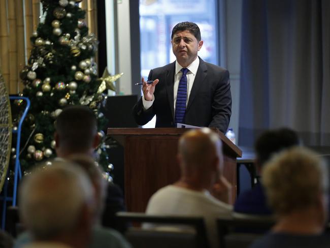 Ray Dib addressing the crowd at the Canterbury board Q &amp; A held at Club Belmore. Picture: Christian Gilles