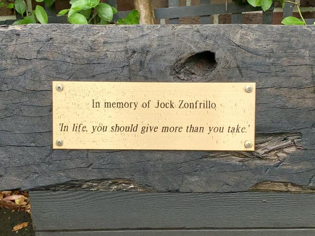 The plaque in the MasterChef studio garden paying tribute to Jock Zonfrillo. Picture: Fiona Byrne