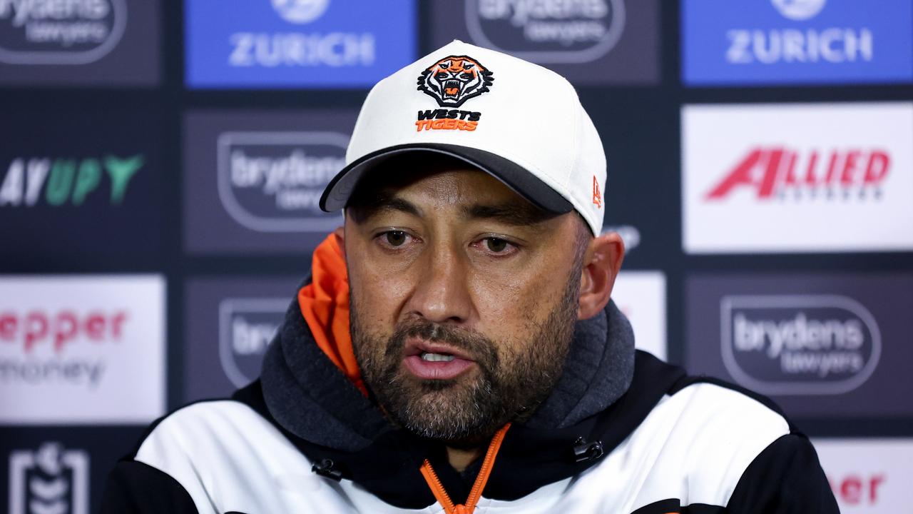 SYDNEY, AUSTRALIA - JUNE 30: Tigers coach Benji Marshall speaks to the media following the round 17 NRL match between Sydney Roosters and Wests Tigers at Allianz Stadium, on June 30, 2024, in Sydney, Australia. (Photo by Brendon Thorne/Getty Images)