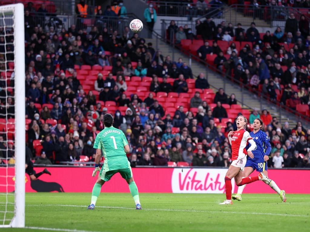 Sam Kerr (right) scores her second goal in Chelsea’s 3-0 Women's FA Cup final win over Arsenal. Picture: Alex Pantling/Getty Images