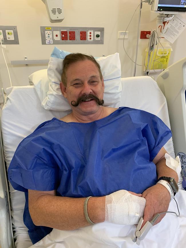 United Australia Party Mundingburra candidate and Clive Palmer's nephew Martin Brewster, pictured here in hospital after crashing his motorcycle in Longreach on October 5, 2020. Picture: Supplied