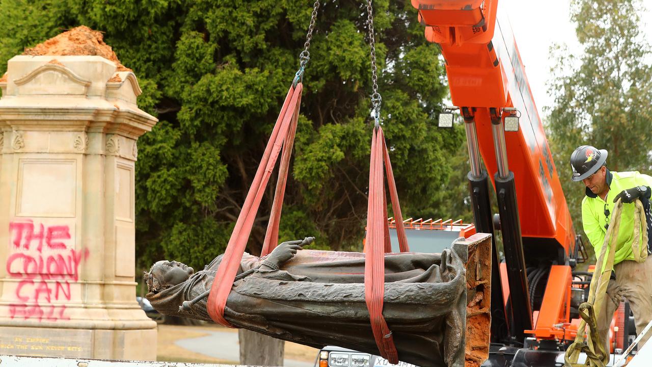 The Queen Victoria statue is being restored in Melbourne. Picture: Alison Wynd.