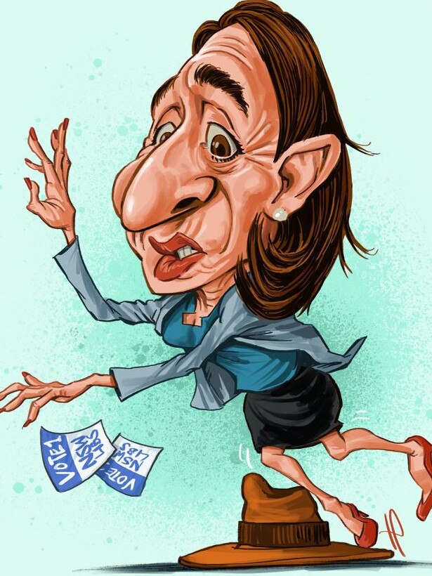 Premier Gladys Berejiklian is tripped up by an Akubra. Artwork: Terry Pontikos