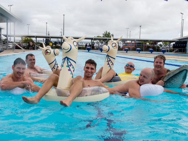 Linden Rosier, Cameron Kerr, Angus Jacobs, Carl Jackson, Tim Caris and John Campbell at the Mackay Aquatic & Recreation Complex for the Fire and Rescue Service, Movember event consisting of a 60km pool swim.Picture: Michaela Harlow