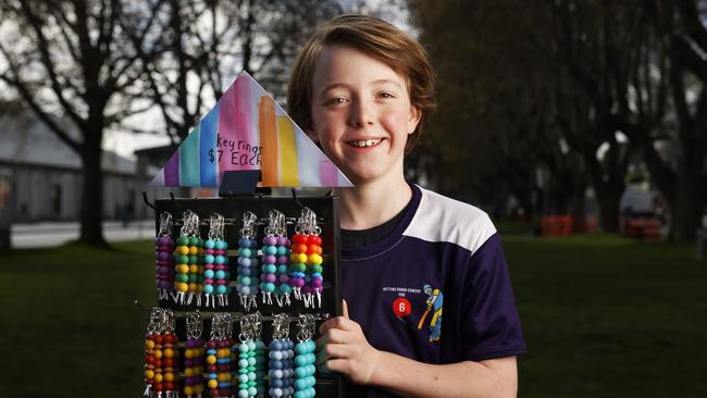 Jax Burnett 9 has made key rings he will be selling The Tasmanian Made Spring Market with the money going directly to the McNees family. George McNees 9 who recently lost his battle with brain cancer was good mates with Jax. Picture: Nikki Davis-Jones