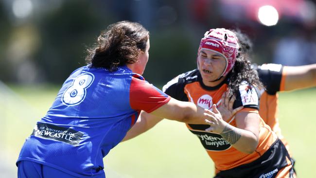 Claudia Brown (right) will line up for the Wests Tigers this weekend. Picture: Michael Gorton