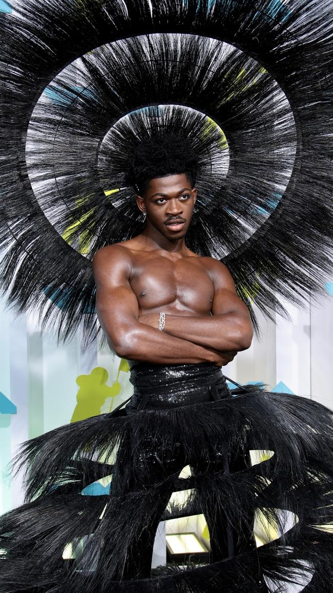 Lil Nas X skipped a shirt and opted for this bespoke outfit courtesy of British American designer Harris Reed. Picture: Getty