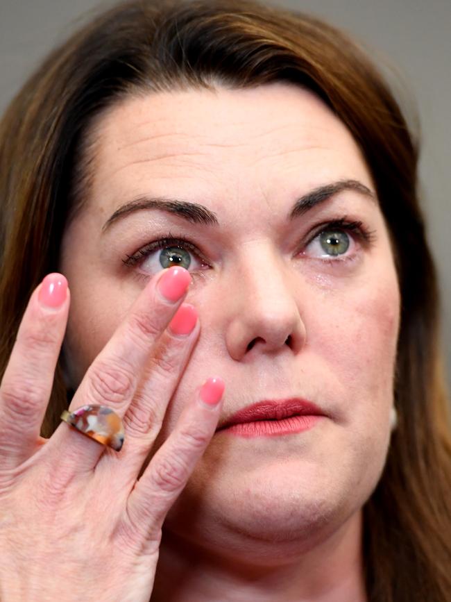 Senator Sarah Hanson-Young reacts during a press conference after winning her defamation case. Picture: Tracey Nearmy/Getty Images