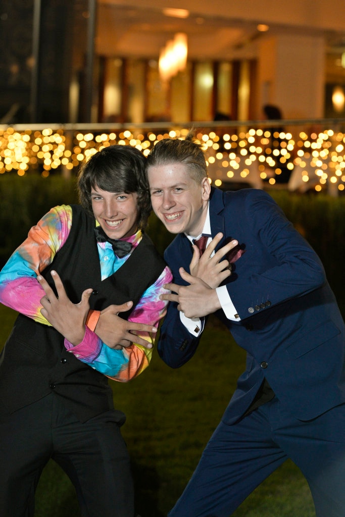 Aaron Thies-Bulman (left) and Liam Kerr have a ball graduating at Toowoomba Flexi School formal at Empire Theatres, Thursday, November 9, 2017. Picture: Kevin Farmer