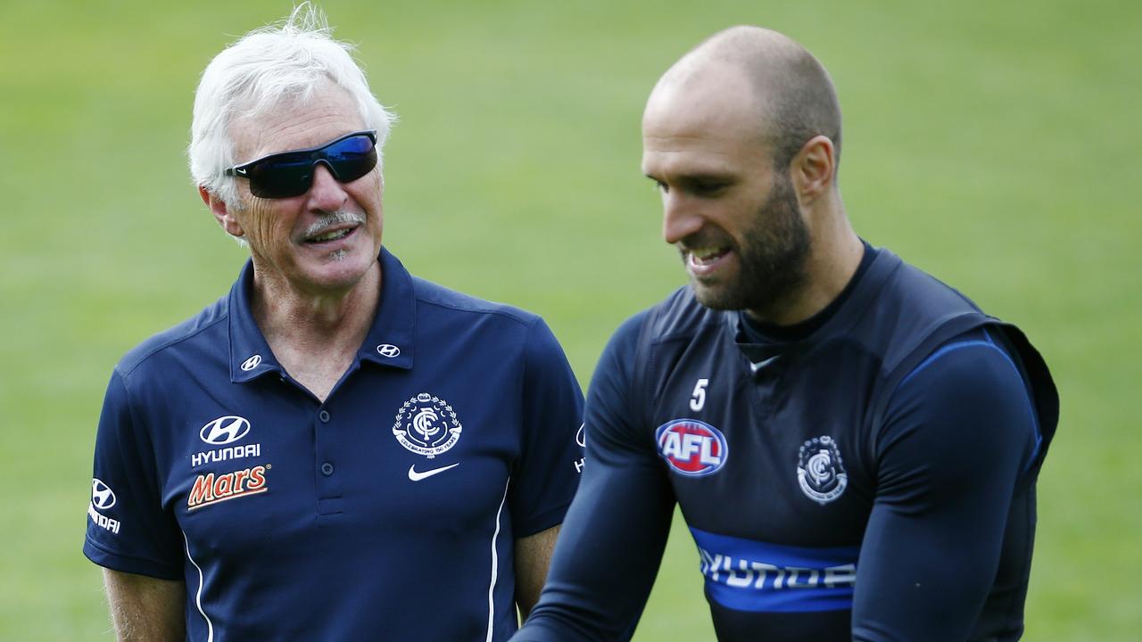 Mick Malthouse chats to Brownlow medallist Chris Judd during his time at Carlton. Picture: Michael Klein.