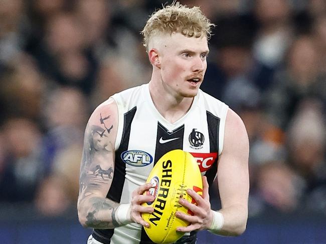 MELBOURNE, AUSTRALIA - MAY 03: John Noble of the Magpies in action during the 2024 AFL Round 08 match between the Carlton Blues and the Collingwood Magpies at The Melbourne Cricket Ground on May 03, 2024 in Melbourne, Australia. (Photo by Michael Willson/AFL Photos via Getty Images)