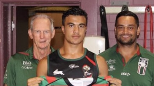 Joseph Suaalii with Wayne Bennett and John Sutton after signing with South Sydney