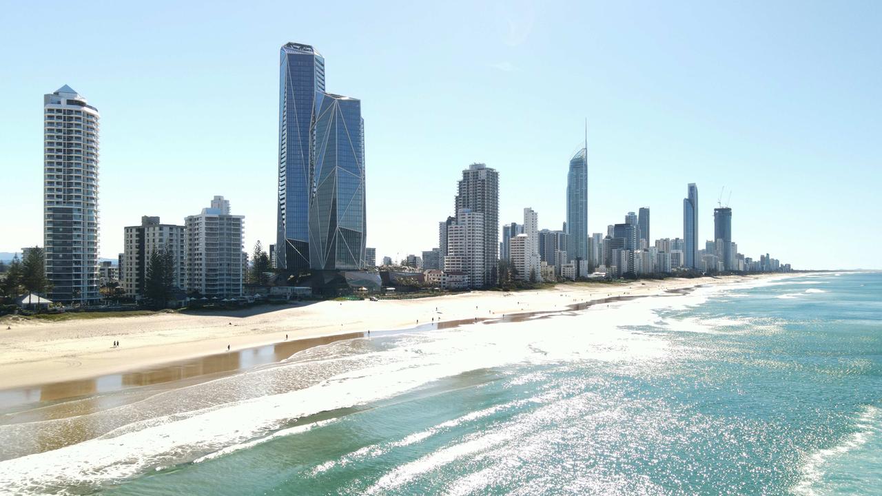 Aerial photo of the Surfers Paradise skyline and Surfers Paradise beach, looking north, on the Gold Coast. Photo: Brendan Radke.