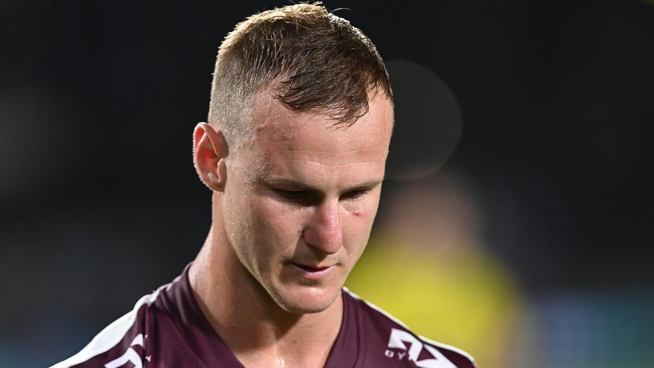 SUNSHINE COAST, AUSTRALIA - SEPTEMBER 10: Daly Cherry-Evans of the Sea Eagles reacts at halftime during the NRL Qualifying Final between the Melbourne Storm and the Manly Warringah Sea Eagles at Sunshine Coast Stadium on September 10, 2021, in Sunshine Coast, Australia. (Photo by Bradley Kanaris/Getty Images)