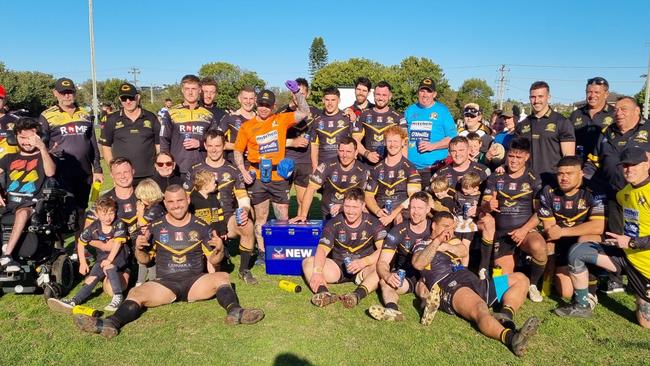 The Cessnock Goannas celebrate after winning their Newcastle Rugby League minor semi-final against the Central Newcastle Butcher Boys 22-16 at Townson Oval. Photo: Newcastle Rugby League.