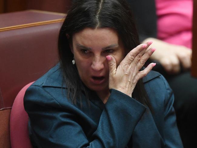 Tasmanian Senator Jacqui Lambie broke down while thanking her staff and her ‘partner-in-crime’ father. Picture: Lukas Coch/AAP